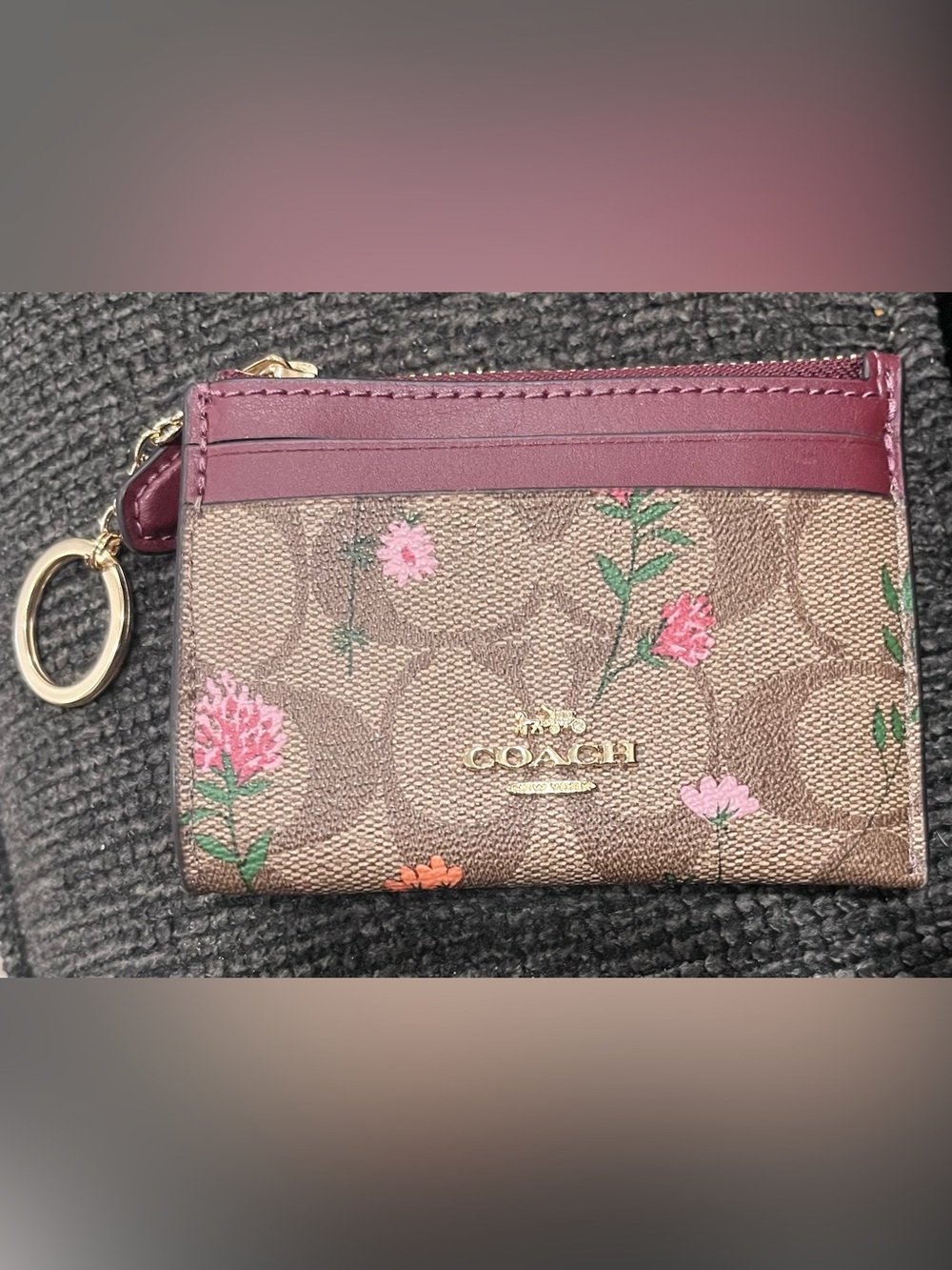 Coach Floral Signature Zip Wallet in Brown and Pink